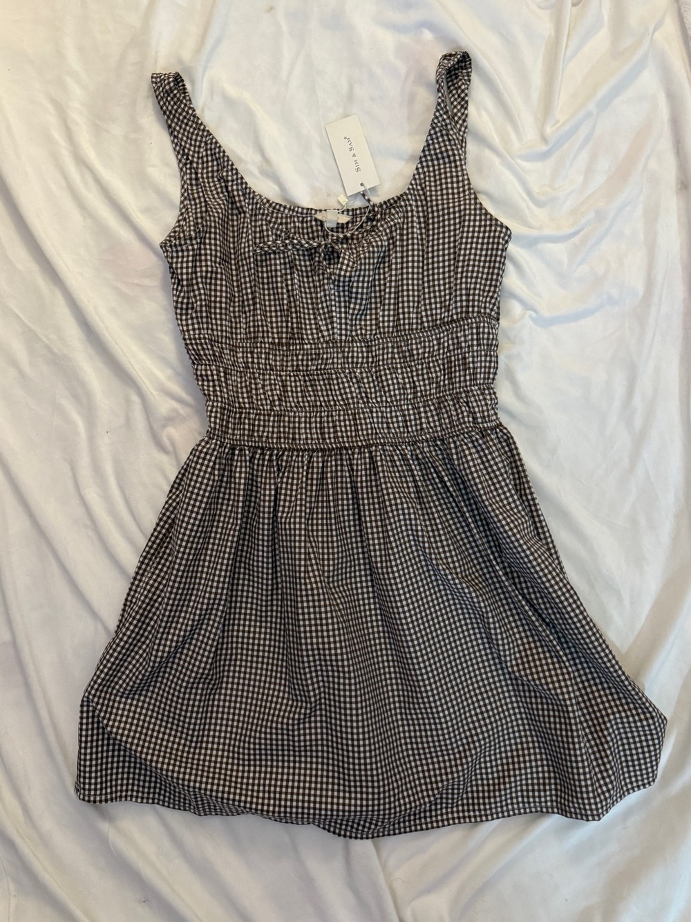 Gingham Smocked Mini Dress in Brown and White